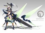  :&lt; animal_ears ass bad_id bad_pixiv_id boots cable chainsaw chainsword fake_animal_ears from_behind hosato_mikine latin long_hair looking_back mecha_musume original panties ponytail red_eyes shadow silver_hair simple_background solo sword thigh_boots thighhighs underwear very_long_hair weapon white_panties wings 