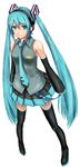  aqua_eyes aqua_hair boots detached_sleeves hatsune_miku headphones highres kuruton long_hair necktie simple_background skirt solo standing thigh_boots thighhighs twintails very_long_hair vocaloid 