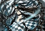  1girl absurdres belt belt_buckle bikini black_bikini black_footwear black_gloves black_hair black_rock_shooter black_rock_shooter_(character) black_shorts blue_eyes boots buckle chain checkered_floor commentary_request front-tie_bikini_top front-tie_top gloves highres holding holding_sword holding_weapon long_hair looking_at_viewer navel no_shirt shorts solo stomach suya000 swimsuit sword twintails weapon 