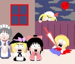  alice_margatroid artist_request blood bow cloud crossover death dress fence flandre_scarlet flat_color hair_bow hairband hakurei_reimu hat izayoi_sakuya kirisame_marisa lowres maid maid_headdress multiple_girls no_lineart open_mouth parody sky source_request south_park style_parody toon touhou window witch_hat 