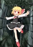  ascot bare_legs blonde_hair blush bow child darkness fang forest frills hair_bow natsu_no_koucha nature open_mouth outstretched_arms red_eyes rumia solo standing standing_on_one_leg touhou tree 