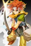  ahoge bad_id bad_pixiv_id bag chrono_trigger crono green_eyes headband male_focus merii messy_hair orange_hair pants scarf smile solo spiked_hair sword weapon wrist_cuffs 