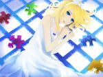  blonde_hair blue_eyes dress hair_ornament hairclip kagamine_rin lying on_side puzzle_piece sakimori_(hououbds) short_hair solo vocaloid white_dress 