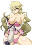  bare_shoulders blonde_hair breasts cameltoe cleavage erect_nipples female gloves huge_breasts long_hair nipples panties pointy_ears red_eyes shisoworld simple_background skirt smile solo underwear white_background 