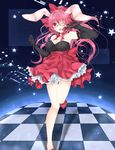  animal_ears bare_shoulders bow breasts bunny_ears checkered checkered_floor choker cleavage di_gi_charat elbow_gloves glasses gloves highres long_hair medium_breasts microphone one_eye_closed open_mouth pink_hair rara419 red_eyes skirt smile solo usada_hikaru 