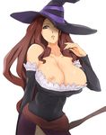  bare_shoulders breasts broom brown_eyes cleavage detached_sleeves dragon's_crown dress hat hat_over_one_eye huge_breasts jack_hamster nipples simple_background solo sorceress_(dragon's_crown) staff strapless strapless_dress witch_hat 
