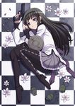  akemi_homura beretta_92 black_hair checkered checkered_floor explosive fetal_position flower full_body grenade gun hairband handgun long_hair lying magical_girl mahou_shoujo_madoka_magica orebalgum pantyhose pistol plantar_flexion purple_eyes shield solo weapon 