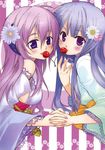  blue_eyes blue_hair cherry detached_sleeves floral_print flower food frills fruit furude_rika hair_flower hair_ornament hanyuu higurashi_no_naku_koro_ni holding_hands horns interlocked_fingers japanese_clothes kimono lavender_hair momoyama_hinase multiple_girls shared_food yukata 