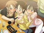  3girls alcohol blush breast_grab breasts brown_hair bust_cup cleavagecup drunk food grabbing multiple_girls nyotaimori sake sanshita wine yuri 