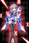  braid izayoi_sakuya knife luna_(gunfire) maid maid_headdress pocket_watch red_eyes short_hair silver_hair solo thighhighs touhou twin_braids watch weapon zettai_ryouiki 