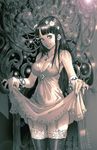  bad_id bad_pixiv_id bare_shoulders black_hair breasts cleavage dress dress_lift flower garter_straps hair_flower hair_ornament highres jewelry kilart lace lace-trimmed_thighhighs long_hair medium_breasts necklace original smile solo thighhighs 