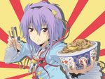  :t blush bowl broken_chopsticks chopsticks eating food food_on_face foreshortening frills gyuudon hairband heart highres irie_keisuke_(handn) komeiji_satori macedonian_flag purple_hair red_eyes rice rice_on_face short_hair solo sunburst third_eye touhou upper_body wide_sleeves 