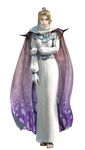  3d blonde_hair blue_eyes cape feet female final_fantasy final_fantasy_iv final_fantasy_iv_the_after fingerless_gloves full_body gloves hair_bun highres long_hair official_art robe rosa_farrell sandals shoulder_pads simple_background solo white_background 