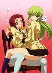  absurdres ashford_academy_uniform ass blue_eyes blue_legwear breast_grab breasts brown_eyes c.c. chair cheese_trail code_geass food grabbing green_hair highres juice_box kallen_stadtfeld kneehighs legs long_hair long_legs medium_breasts milk miniskirt mouth_hold multiple_girls no_panties pizza ponytail red_background red_hair school_uniform sexually_suggestive short_hair simple_background sitting sitting_on_lap sitting_on_person skirt slice_of_pizza socks spread_legs straddling suggestive_fluid tabata_hisayuki thighhighs thighs white_legwear yuri zettai_ryouiki 