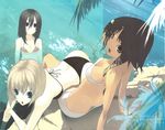  3girls back bikini black_hair blonde blue_eyes breasts brown_eyes brown_hair cleavage large_breasts lying mizugi ocean on_stomach open_mouth oshiri posterior_cleavage senmu short_hair sitting water wet wet_clothes wet_hair 