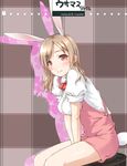  animal_ears anna_miller between_legs bow bunny_ears bunny_tail dress hand_between_legs looking_at_viewer ooji original pinafore_dress red_bow red_eyes solo tail underbust v_arms waitress 