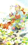  bandana barefoot blonde_hair blue_eyes bug dragonfly facepaint flower highres insect japanese_clothes kimono kusuriuri_(mononoke) lily_pad lotus male_focus mononoke muttiy obi pointy_ears sash solo traditional_media watercolor_(medium) 