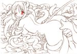  all_fours blush breasts etoko_nashiyo gomamiso_(gomamiso_sp) horns large_breasts long_hair monochrome nude original red_eyes solo spot_color tail tears tentacles 