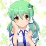  blush breasts face frog green_hair hair_ornament highres kochiya_hizuki kochiya_sanae long_hair medium_breasts smile snake solo touhou upper_body yellow_eyes 