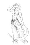  belt black_and_white clothing incendax lizard male monochrome necklace pants plain_background reptile scalie sketch solo tail white_background 