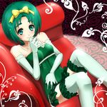  akimoto_komachi alternate_costume blush bow couch dress flower galibo gloves green_eyes green_hair green_legwear hair_ribbon jewelry necklace precure red_flower red_rose ribbon rose short_hair smile solo thighhighs yes!_precure_5 