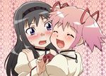  akemi_homura black_hair blush cheek-to-cheek hikari_(mitsu_honey) kaname_madoka long_hair mahou_shoujo_madoka_magica mitakihara_school_uniform multiple_girls pink_hair school_uniform short_hair twintails 