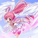  angel_wings bike_shorts bug butterfly cure_dream cure_fleuret dress energy_sword flower gloves hair_rings insect long_hair magical_girl open_mouth pink_flower pink_hair pink_rose pink_shorts precure purple_eyes rose running shining_dream shorts shorts_under_skirt solo sword tonpuu weapon wings yes!_precure_5 yumehara_nozomi 