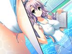  akaza clipboard henshin_3 long_hair notebook pen pool purple_hair school_swimsuit swimsuit tampon water white_school_swimsuit white_swimsuit 