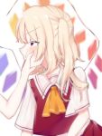  1girl ascot bangs blonde_hair blush collared_shirt crystal eringi_(rmrafrn) eyebrows_visible_through_hair face_grab fingernails flandre_scarlet hair_between_eyes long_hair one_side_up orange_neckwear out_of_frame profile red_eyes red_skirt red_vest shirt short_sleeves sidelocks simple_background skirt skirt_set solo_focus sweat touhou vest white_background white_shirt wings 