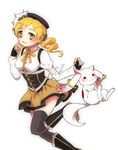  :3 animal_ears bad_id bad_pixiv_id beret black_legwear blonde_hair blush boots corset creature detached_sleeves drill_hair fingerless_gloves gloves hat highres jinpachi_(jinpachi-pachi) knee_boots kyubey magical_girl mahou_shoujo_madoka_magica pointing red_eyes running short_hair short_twintails smile striped striped_legwear thighhighs tomoe_mami twintails vertical-striped_legwear vertical_stripes yellow_eyes zettai_ryouiki 