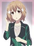  :o brown_eyes brown_hair flower hair_flower hair_ornament hanasaku_iroha ikari_manatsu jacket matsumae_ohana rain short_hair solo upper_body wet wet_clothes wet_hair 