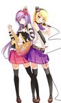  2girls blonde blush brown eyes gloves hair_band hairpins happy hat heart instrument long_hair microphone musical purple_eyes purple_hair ribbon royalty singing skirt smile tagme thighighs 