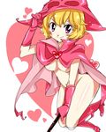  artist_request blonde_hair blush breasts cape character_request cleavage covering dororon_enma-kun enbi-chan gloves hat high_heels purple_eyes short_hair smile underboob 