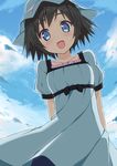 :d arms_behind_back black_hair blue_eyes blue_sky blush cloud day dress hat highres kantoku_(style) looking_at_viewer open_mouth shiina_mayuri short_hair sky sky_(freedom) smile solo steins;gate 