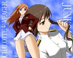  adjusting_hair bad_id bad_pixiv_id blue_eyes breasts brown_eyes brown_hair charlotte_e_yeager hands_on_hips long_hair medium_breasts military military_uniform multiple_girls no_pants orange_hair panties sayu_(mio-mosa) short_hair smile strike_witches takei_junko underwear uniform white_panties world_witches_series 