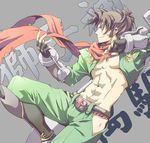  bad_id bad_pixiv_id blazblue brown_hair gloves grey_background male_focus saiki_(hermit) scar scarf shirtless shishigami_bang smile solo 