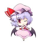  ascot bat_wings blue_hair chibi dress hat musashino_udon one_eye_closed red_eyes remilia_scarlet short_hair silver_hair solo standing star star-shaped_pupils symbol-shaped_pupils touhou wings wrist_cuffs 