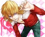  barnaby_brooks_jr belt blonde_hair blue_eyes fingernails glasses hair_twirling jacket jewelry kamu_(camui) male_focus necklace red_jacket solo studded_belt tiger_&amp;_bunny 