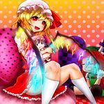  abazure blonde_hair character_doll fang flandre_scarlet glowing heart heart_pillow hong_meiling kneehighs knife legs pillow red_eyes red_hair remilia_scarlet short_hair side_ponytail sitting solo touhou weapon white_legwear wings 