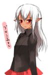 blush dark_elf dark_skin elf long_hair pointed_ears red_eyes skirt sweater white_hair 