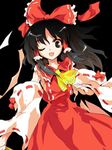  alphes black_eyes black_hair detached_sleeves dress hair_ornament hair_ribbon hakurei_reimu long_hair lowres official_art one_eye_closed ribbon solo touhou 