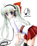  bent_over beyerdynamic eighth_note einhart_stratos flipper green_hair hair_ribbon headphones heterochromia long_hair lyrical_nanoha mahou_shoujo_lyrical_nanoha_strikers mahou_shoujo_lyrical_nanoha_vivid musical_note ribbon solo speech_bubble spoken_musical_note thighhighs twintails 