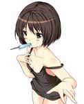  amagami blush breasts brown_hair cleavage dress eating food hinata_sora hot medium_breasts panties popsicle short_hair simple_background solo strap_slip striped striped_panties sweat tachibana_miya tank_top underwear white_background 