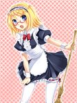  :o alternate_costume angry bespectacled blonde_hair blue_eyes blush broom enmaided frills garters glasses highres kagamine_rin maid maid_headdress open_mouth short_hair skirt skirt_pull solo thighhighs v-shaped_eyebrows vocaloid white_legwear yayoi_(egoistic_realism) 