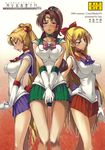  3girls aino_minako bishoujo_senshi_sailor_moon blonde_hair blue_eyes blue_sailor_collar blue_skirt bow breast_squeeze breasts brown_hair choker covered_nipples drill_hair earrings elbow_gloves embarrassed gloves green_choker green_eyes green_sailor_collar green_skirt hair_bow half_updo highres impossible_clothes impossible_shirt inner_senshi isao jewelry kino_makoto knees_touching large_breasts long_hair magical_girl multiple_girls orange_choker orange_sailor_collar pink_bow rating red_bow red_choker sailor_collar sailor_jupiter sailor_moon sailor_senshi sailor_senshi_uniform sailor_venus shirt skirt tiara tsukino_usagi twintails very_long_hair white_gloves 