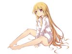  bare_legs barefoot blonde_hair bottomless female full_body long_hair open_clothes open_shirt original red_eyes shirt simple_background sitting sleeves_past_wrist sleeves_past_wrists solo very_long_hair white_background 