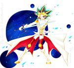  aiguillette artist_request boots coat cosplay highres legendary_knight_timaeus male_focus multicolored_hair parody scar solo star star_driver sword weapon yuu-gi-ou yuu-gi-ou_duel_monsters 