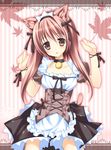  animal_ears arms_up bad_id bad_pixiv_id brown_eyes brown_hair cat_ears collar dress frilled_dress frills highres leaf maid maid_headdress maple_leaf nanaroba_hana original solo striped striped_background 