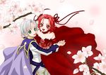  1girl :d alternate_costume alternate_hairstyle bare_shoulders bow cape cherry_blossoms choker couple dancing dress green_eyes hair_ribbon happy hetero holding_hands iria_animi open_mouth red_choker red_eyes red_hair ribbon ruca_milda rukanyo short_hair short_twintails smile tales_of_(series) tales_of_innocence twintails very_short_hair white_hair 