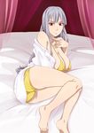  ass bare_shoulders barefoot bed bikini breasts cleavage erect_nipples feet female ichihisa kojiroad long_hair lying open_clothes open_shirt red_eyes selvaria_bles senjou_no_valkyria senjou_no_valkyria_1 shirt silver_hair solo swimsuit white_shirt 